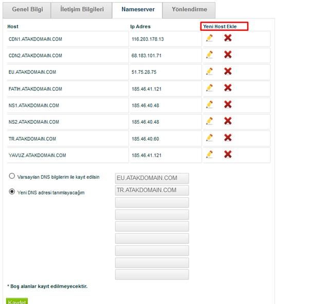 Domain Name API Name Server (NS) Oluşturma Ekranı