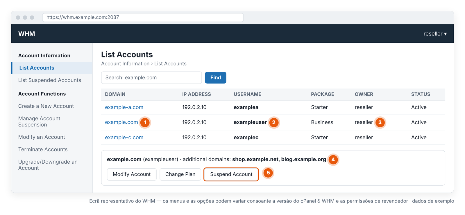 Figura 5 – List Accounts: domínio, nome de utilizador, owner e domínios adicionais da conta. Ecrã representativo do WHM — os menus e as opções podem variar consoante a versão do cPanel & WHM e as permissões de revendedor.