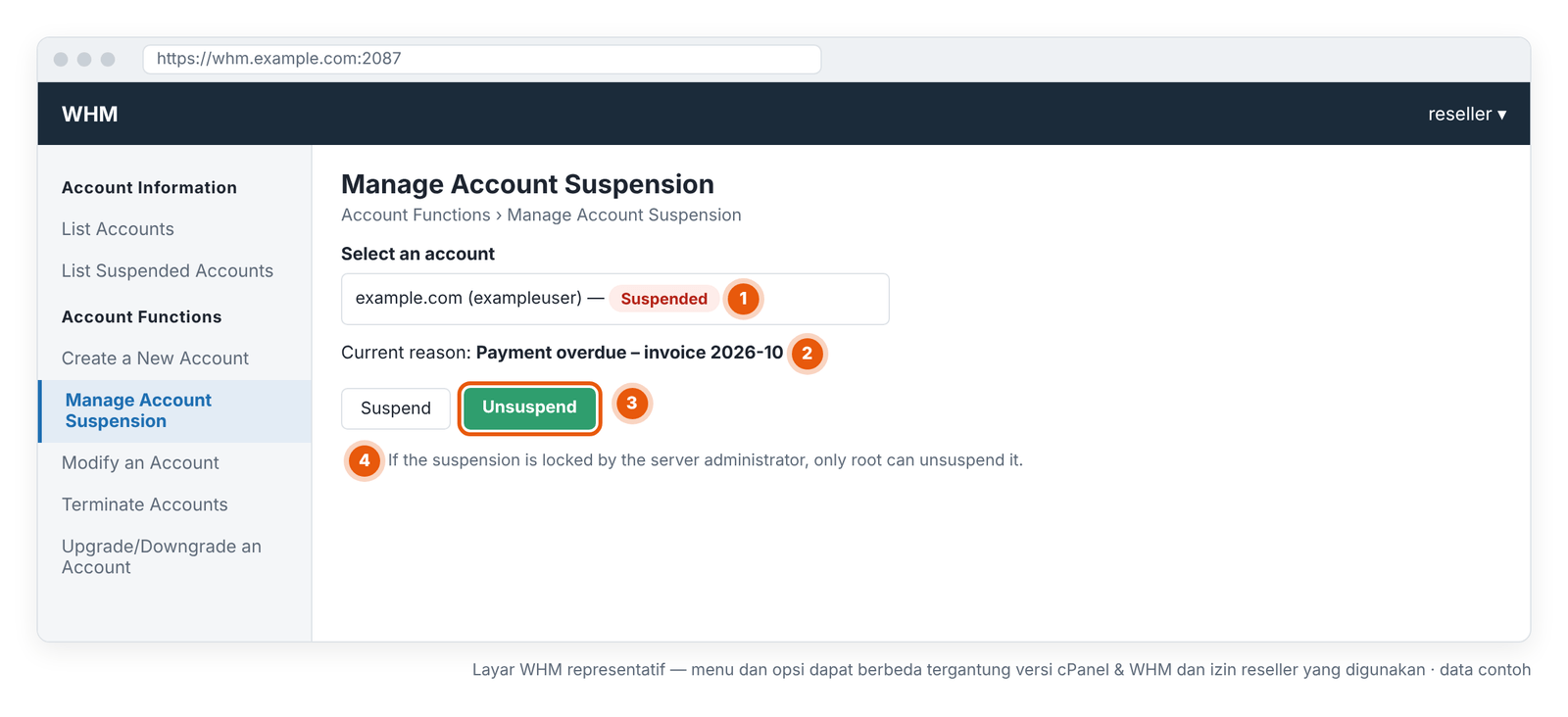 Gambar 9 – Manage Account Suspension: baca alasan suspend, lalu Unsuspend. Layar WHM representatif — menu dan opsi dapat berbeda tergantung versi cPanel & WHM dan izin reseller yang digunakan.