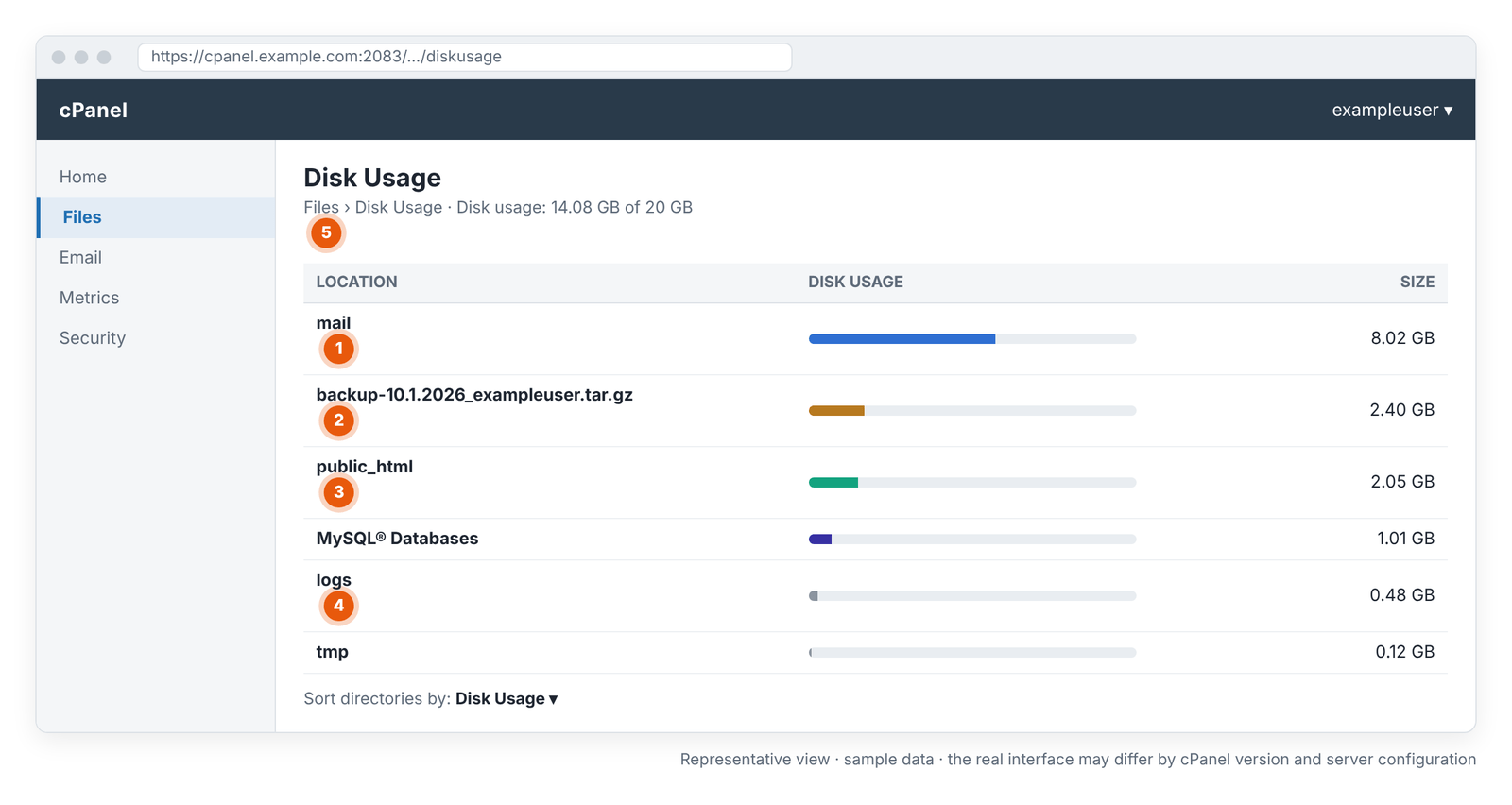 Screen 5 – cPanel › Files › Disk Usage: the screen that shows what takes up space (representative view).