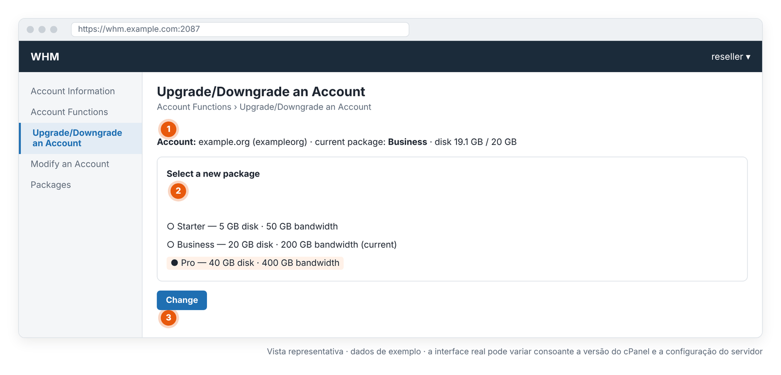 Ecrã 6 – WHM › Upgrade/Downgrade an Account: passar um cliente para outro pacote (vista representativa).