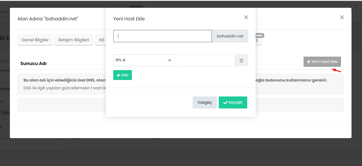 Görsel 3 – Yeni Host Ekle: ön eki ve IPv4 adresini girip Kaydet'e tıklayın.