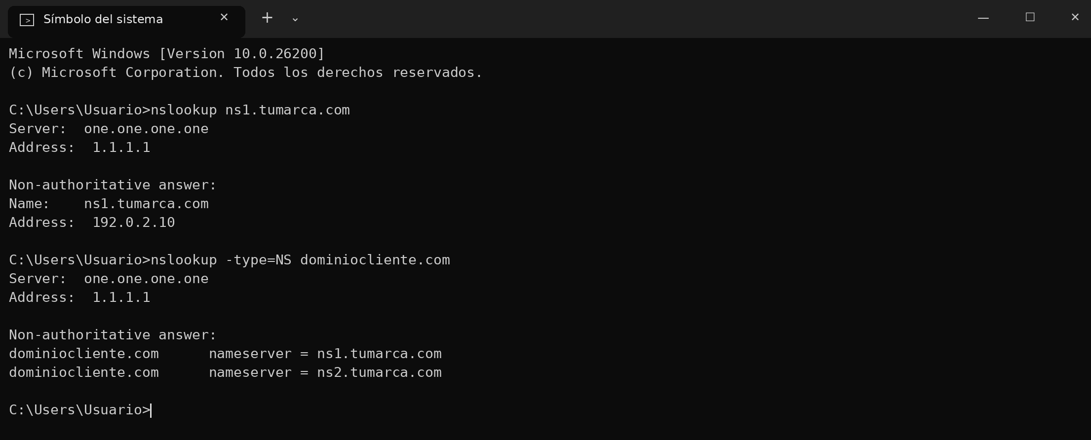 Figura 6 – Ejemplo de resultado: ns1 resuelve a la IP correcta y el dominio del cliente muestra ns1/ns2. Los dominios y las IP son de ejemplo.