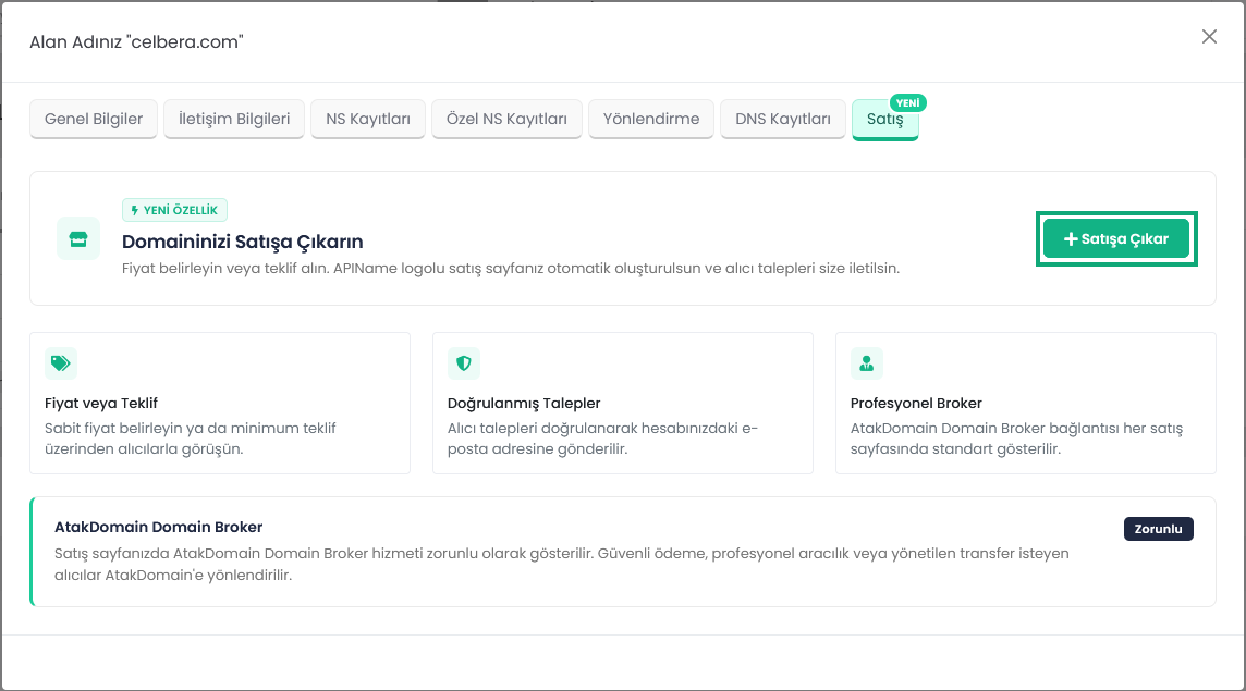 Fliken Sale och knappen List for sale i fönstret för att redigera domänen