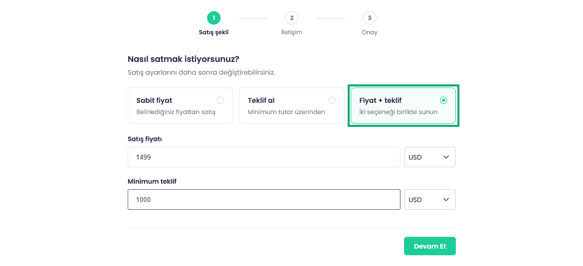 Alternativen Fixed price, Accept offers och Price + offer i steget för försäljningstyp