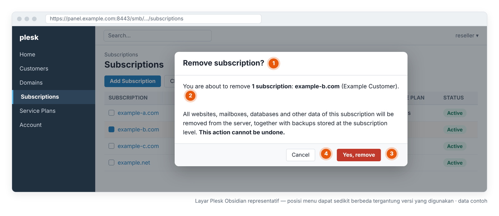 Gambar 14 – Konfirmasi penghapusan: periksa nama subscription dan cakupannya untuk terakhir kali. Layar Plesk Obsidian representatif — posisi menu dapat sedikit berbeda tergantung versi yang digunakan.