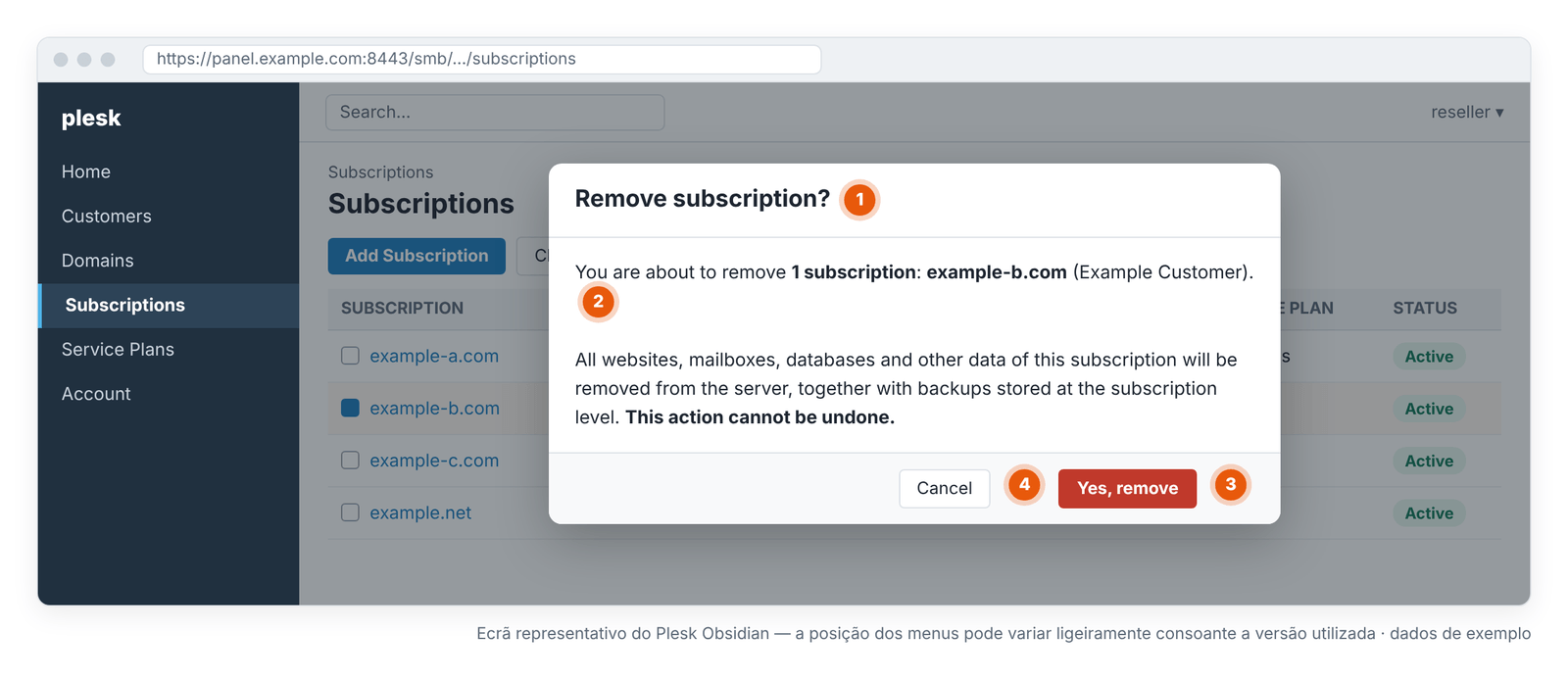 Figura 14 – Confirmação da eliminação: verifique pela última vez o nome e o âmbito da subscrição. Ecrã representativo do Plesk Obsidian — a posição dos menus pode variar ligeiramente consoante a versão utilizada.