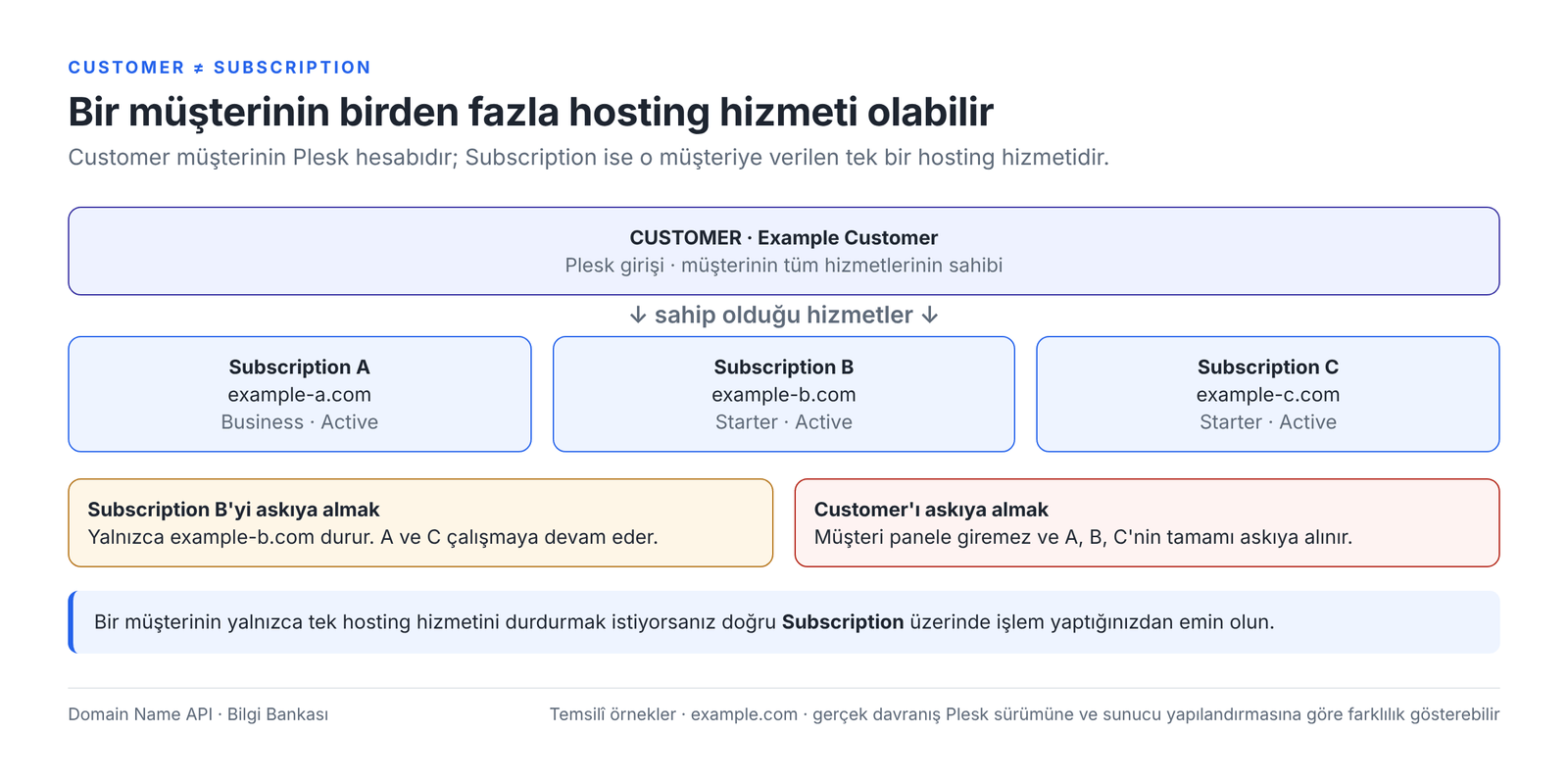 Görsel 2 – Bir customer'ın birden fazla subscription'ı olabilir; yalnızca tek hizmeti durdurmak için doğru subscription üzerinde işlem yapın.