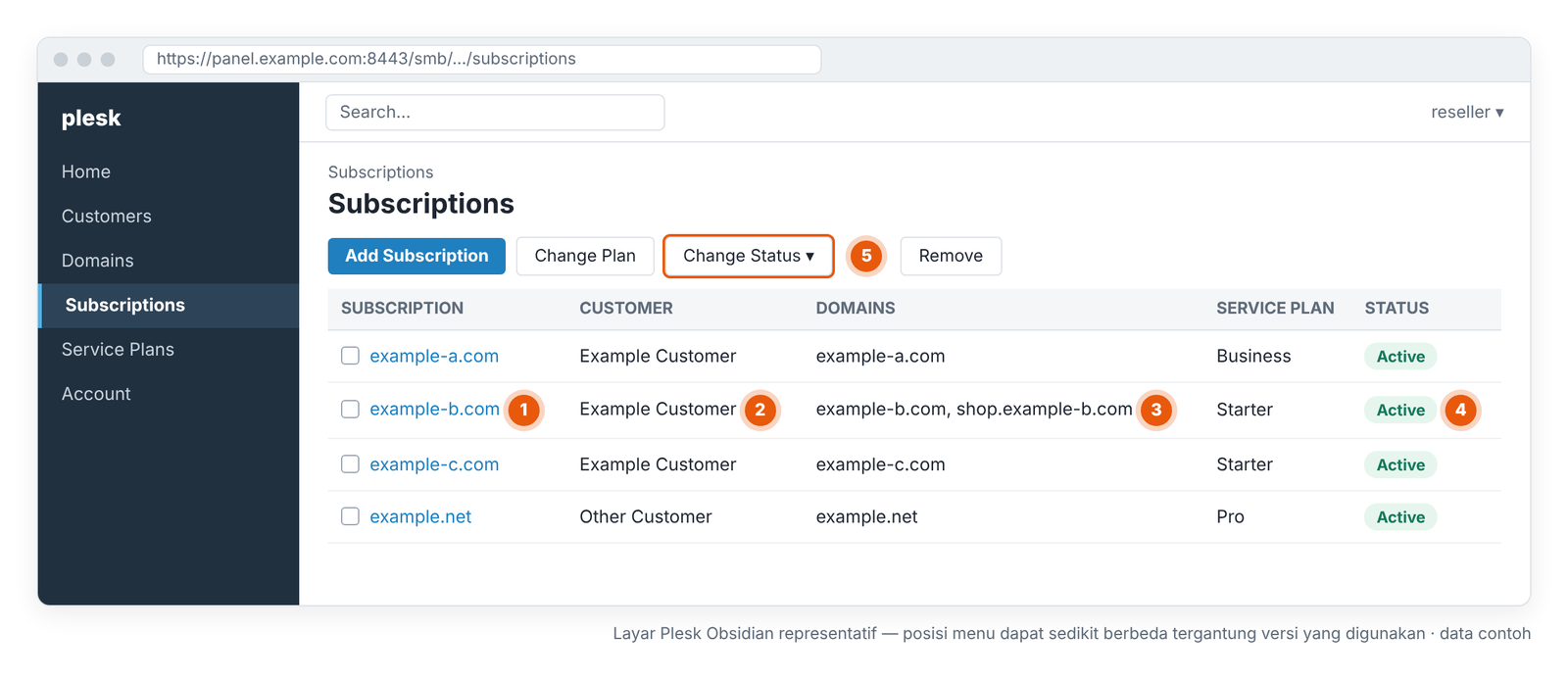Gambar 3 – Daftar Subscriptions: subscription, customer, domain, dan status. Layar Plesk Obsidian representatif — posisi menu dapat sedikit berbeda tergantung versi yang digunakan.