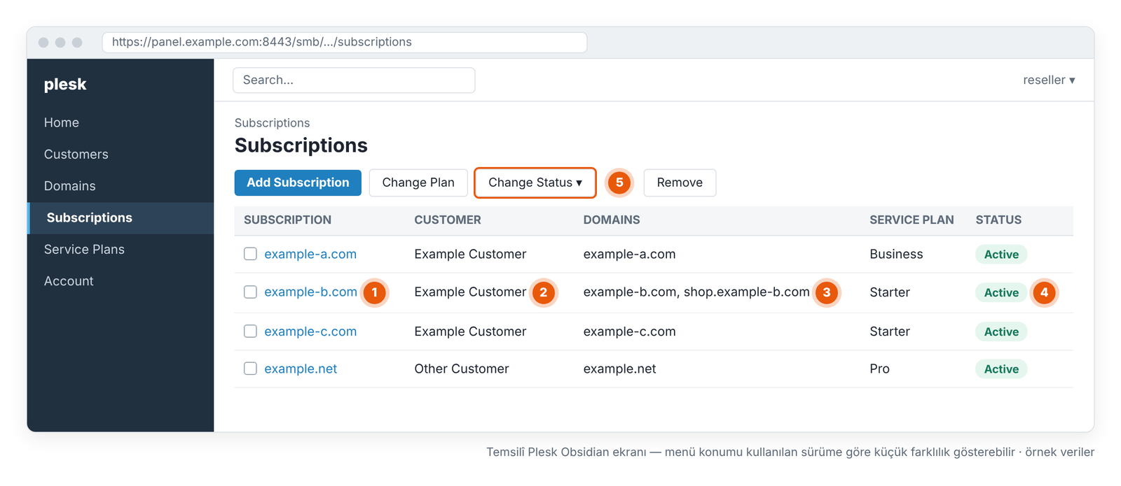 Görsel 3 – Subscriptions listesi: subscription, customer, domain ve durum bilgisi. Temsilî Plesk Obsidian ekranı — menü konumu kullanılan sürüme göre küçük farklılık gösterebilir.