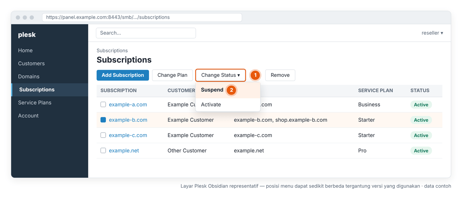 Gambar 4 – Change Status › Suspend untuk subscription yang dipilih. Layar Plesk Obsidian representatif — posisi menu dapat sedikit berbeda tergantung versi yang digunakan.