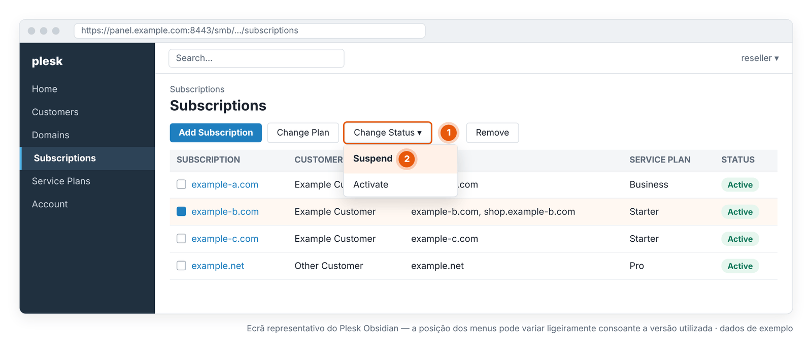 Figura 4 – Change Status › Suspend para a subscrição selecionada. Ecrã representativo do Plesk Obsidian — a posição dos menus pode variar ligeiramente consoante a versão utilizada.