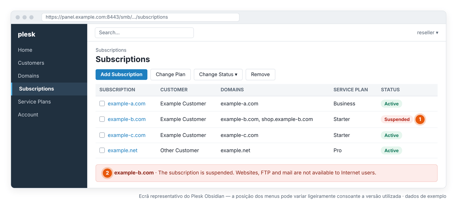 Figura 5 – Uma subscrição suspensa: Suspended na coluna Status. Ecrã representativo do Plesk Obsidian — a posição dos menus pode variar ligeiramente consoante a versão utilizada.