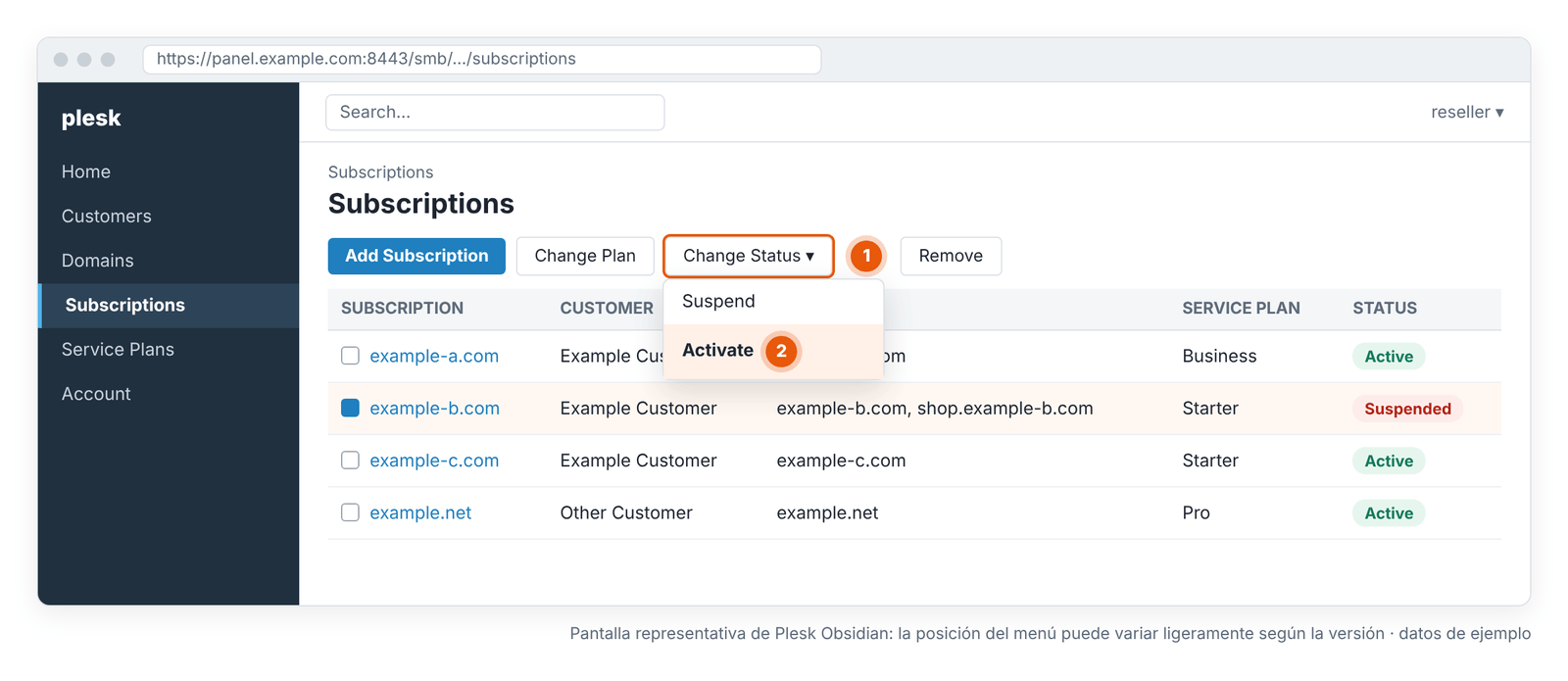 Figura 6 – Change Status › Activate para una suscripción suspendida. Pantalla representativa de Plesk Obsidian: la posición del menú puede variar ligeramente según la versión que uses.