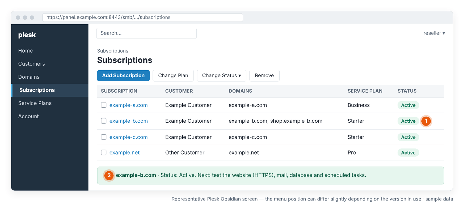 Figure 7 – Status Active: the action is applied; now test the services. Representative Plesk Obsidian screen — the menu position can differ slightly depending on the version in use.