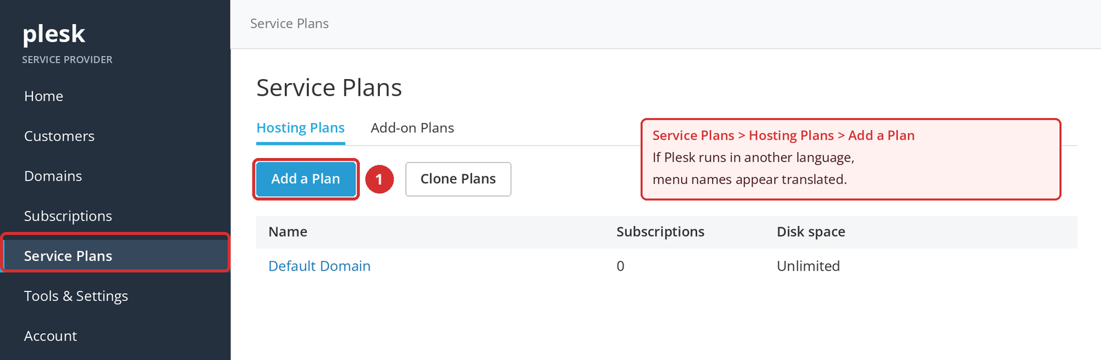 Figure 2 – Service Plans > Hosting Plans > Add a Plan (1). Illustrative screen.