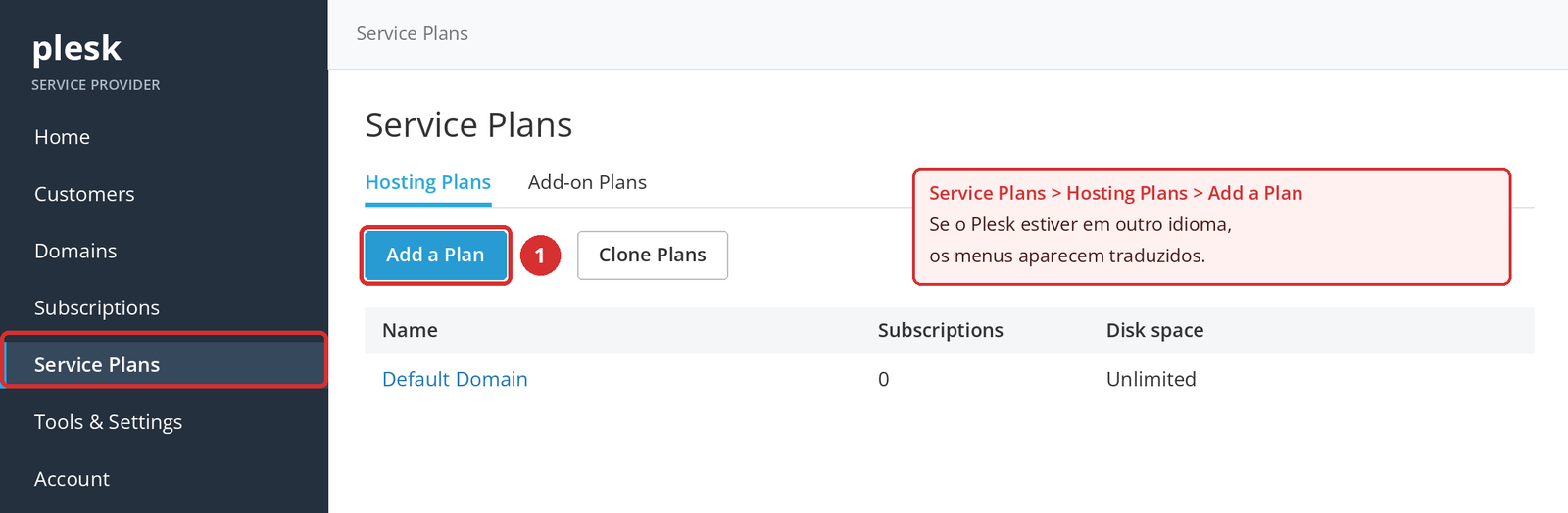Figura 2 – Service Plans > Hosting Plans > Add a Plan (1). Tela ilustrativa.