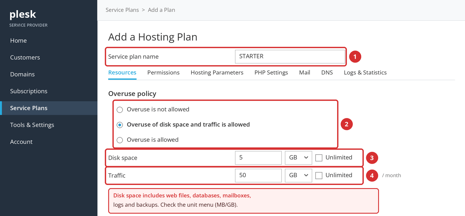 Figure 3 – Plan name (1), overuse policy (2), disk space (3), and monthly traffic (4). Values are examples; illustrative screen.
