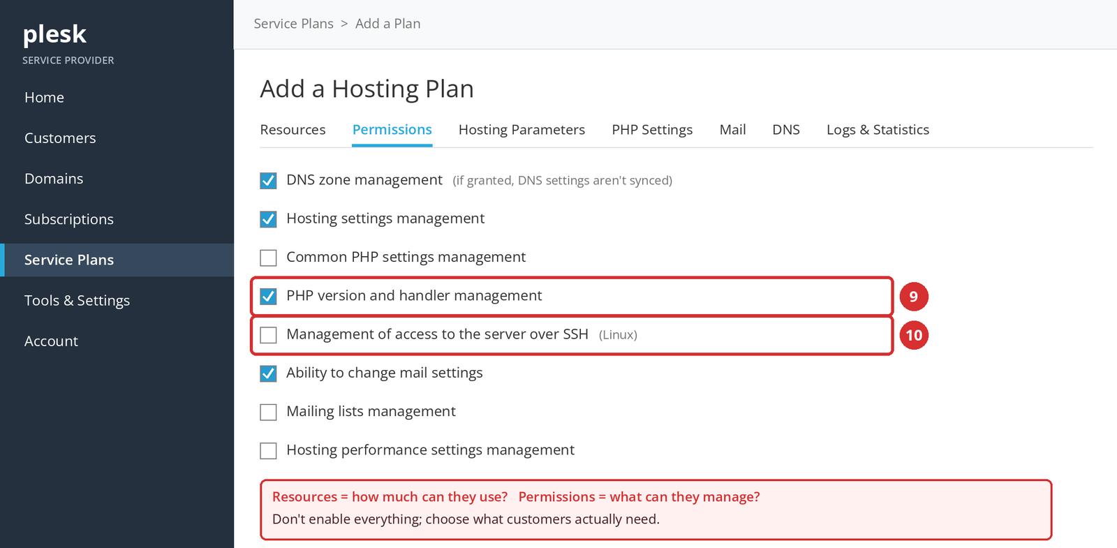 Figure 5 – Permissions: PHP version management (9) and SSH access (10). Illustrative screen; options can vary by server.