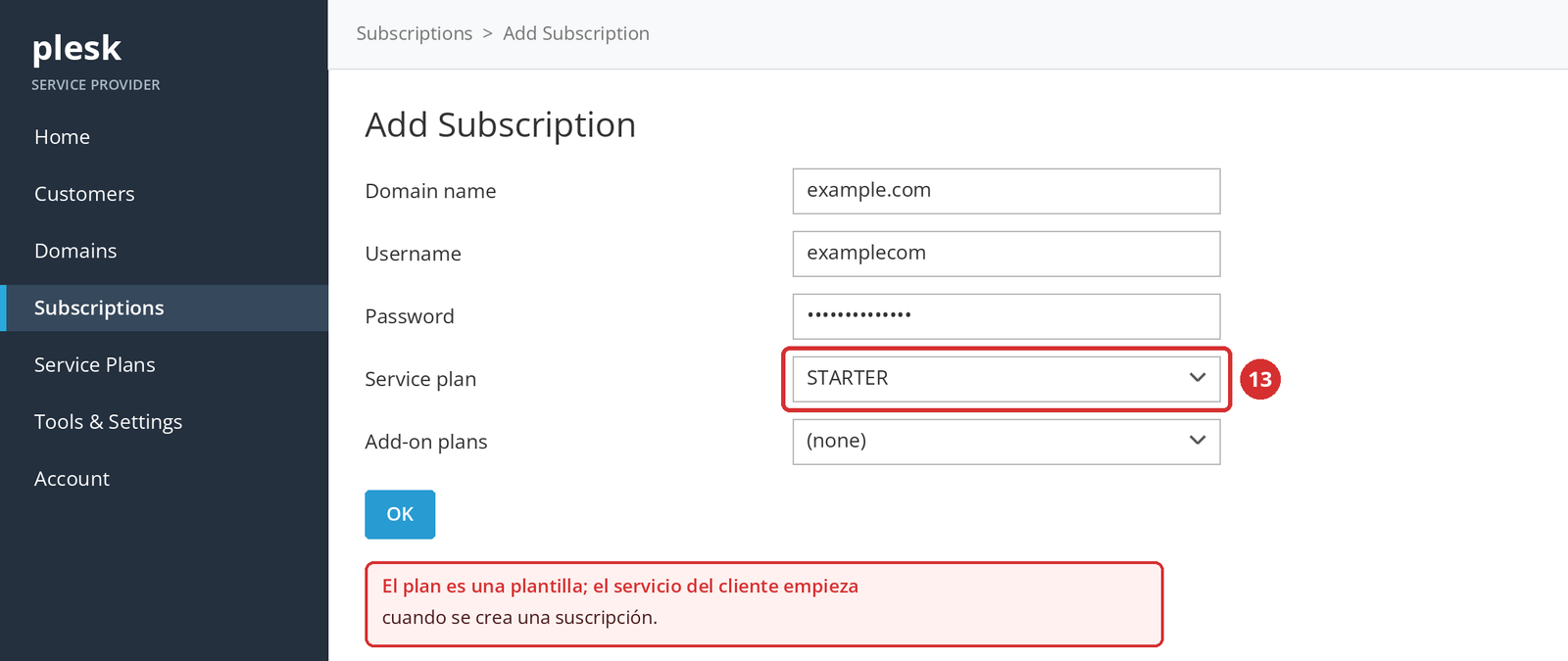 Figura 7 – Selección del plan en la pantalla Add Subscription (13). El dominio y los datos del usuario son de ejemplo; pantalla ilustrativa.