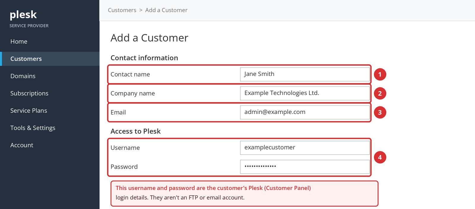 Figure 3 – Contact details (1–3) and the customer's Plesk login (4). Details are examples; illustrative screen.
