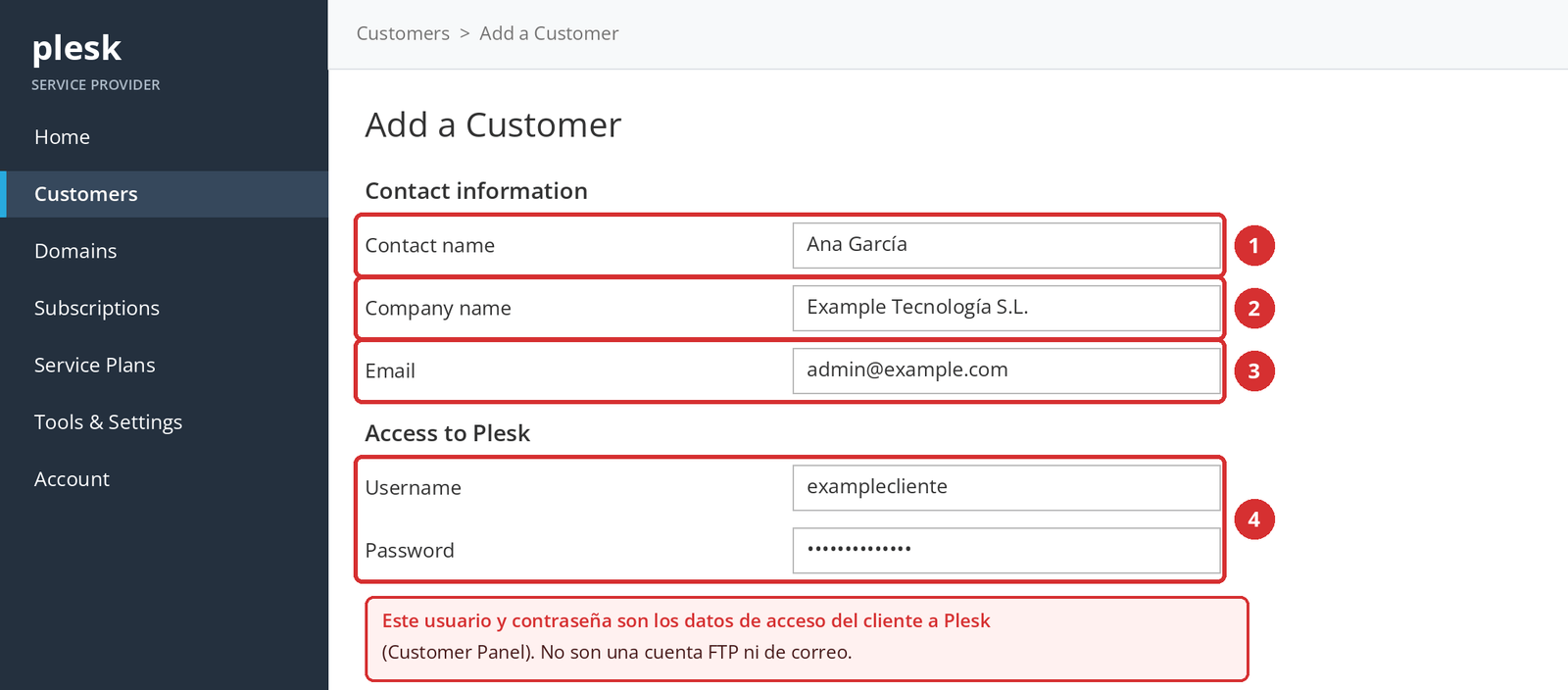 Figura 3 – Datos de contacto (1–3) y acceso del cliente a Plesk (4). Datos de ejemplo; pantalla ilustrativa.