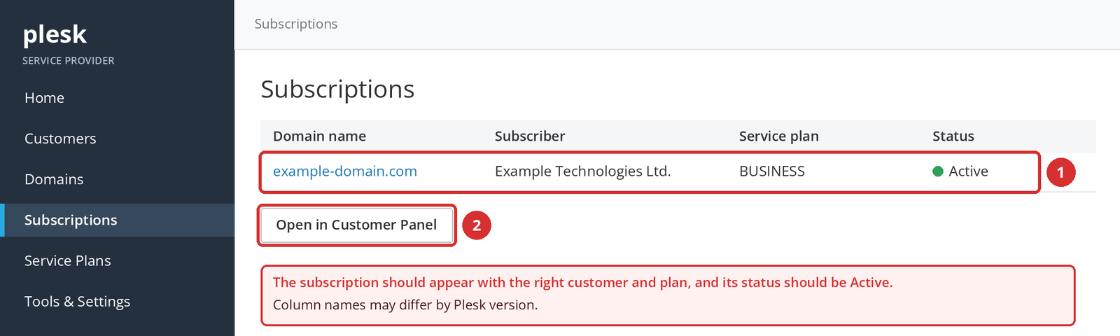 Figure 6 – The new subscription in the Subscriptions list (1) and the link to the Customer Panel (2). Illustrative screen.