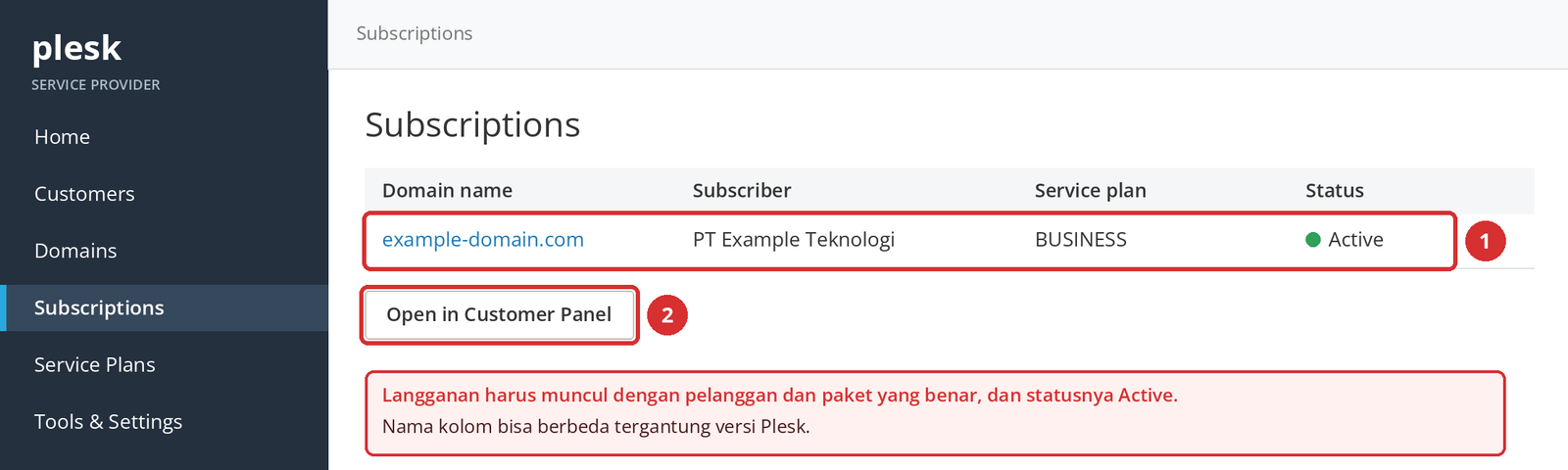 Gambar 6 – Langganan baru di daftar Subscriptions (1) dan tautan ke Customer Panel (2). Tampilan ilustrasi.