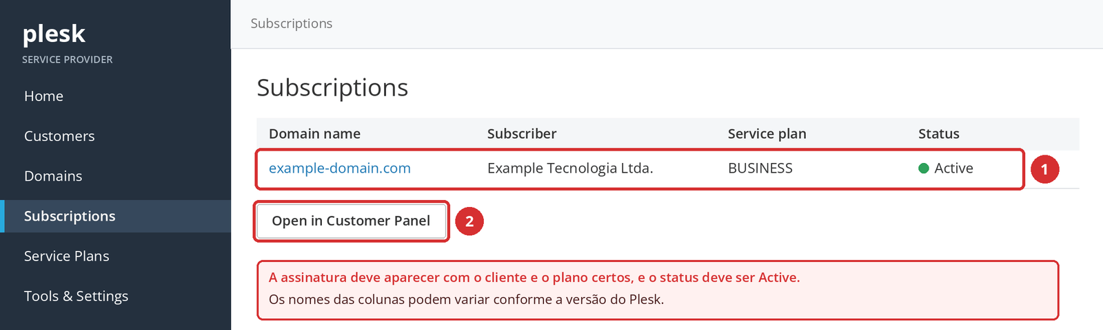 Figura 6 – A nova assinatura na lista Subscriptions (1) e o acesso ao Customer Panel (2). Tela ilustrativa.