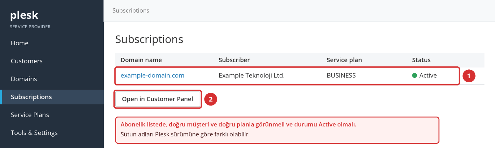 Görsel 6 – Subscriptions listesinde yeni abonelik (1) ve müşteri paneline geçiş (2). Temsilî ekran.