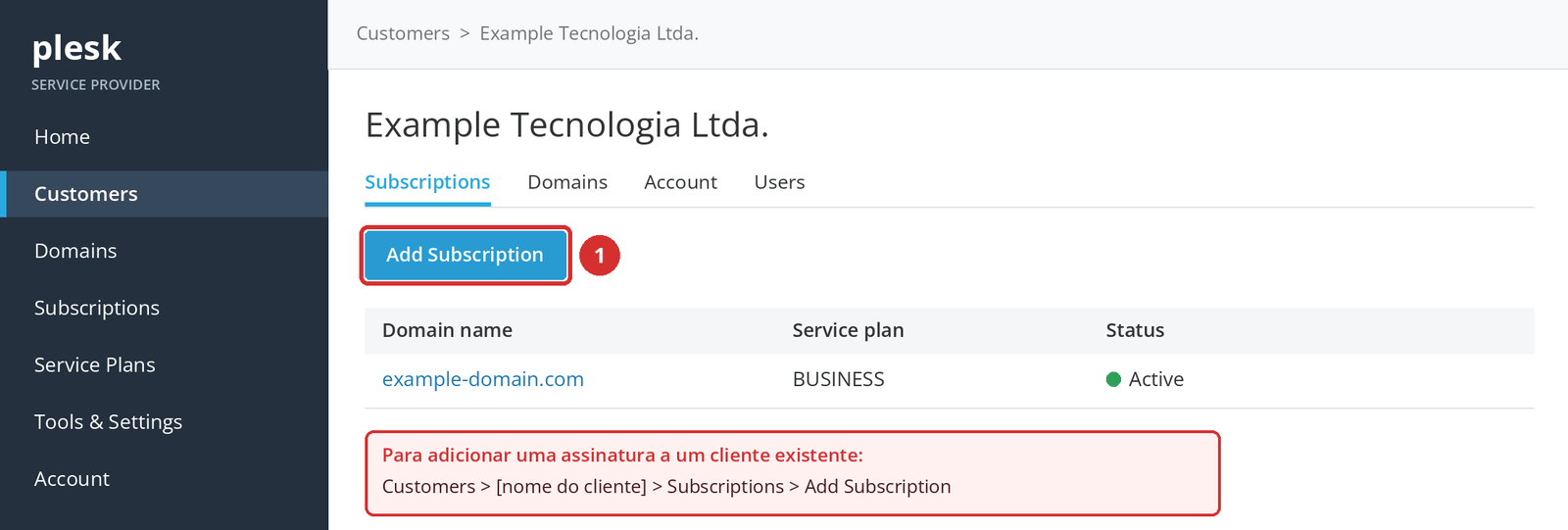 Figura 7 – Add Subscription (1) na página de um cliente existente. Tela ilustrativa.