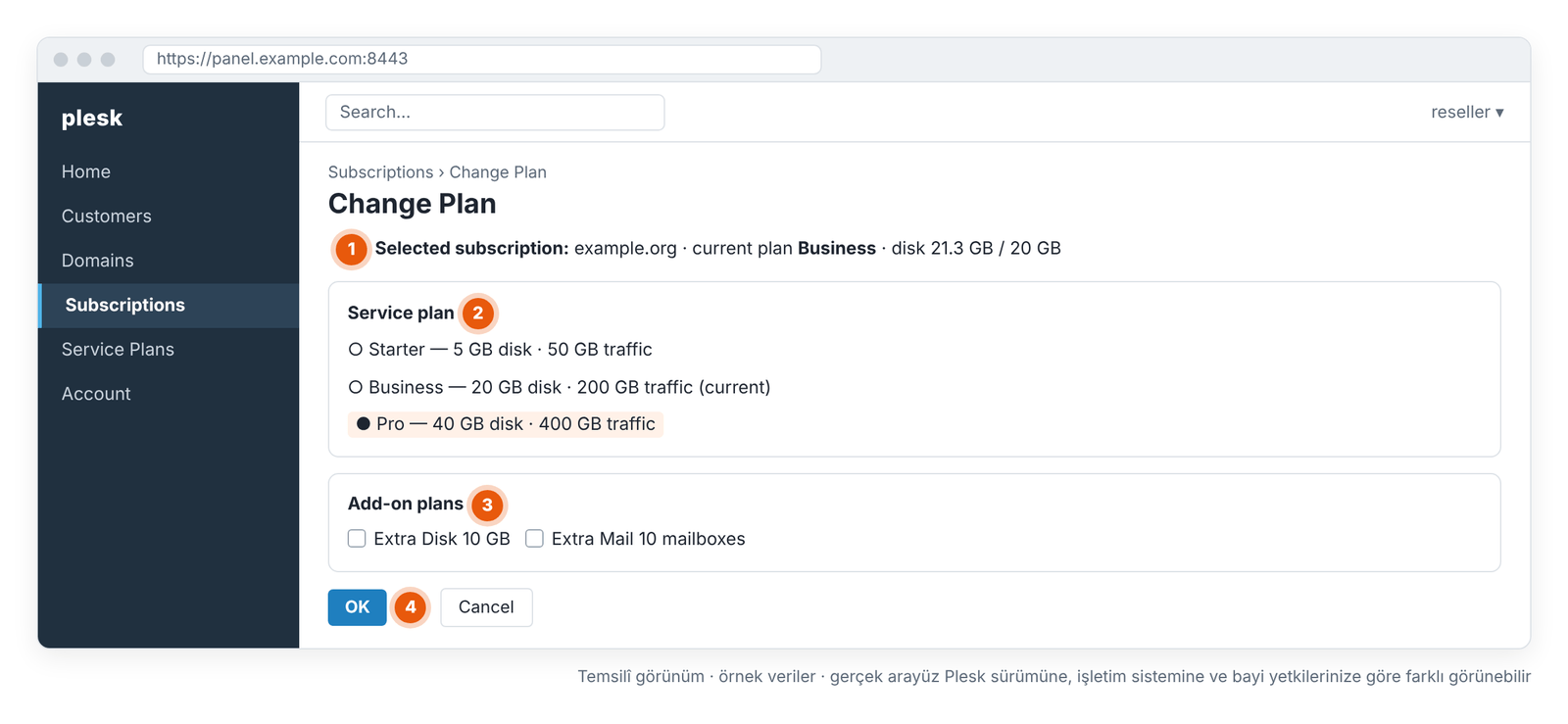 Ekran 7 – Subscriptions › Change Plan: subscription'ı başka bir plana geçirme (temsilî görünüm).