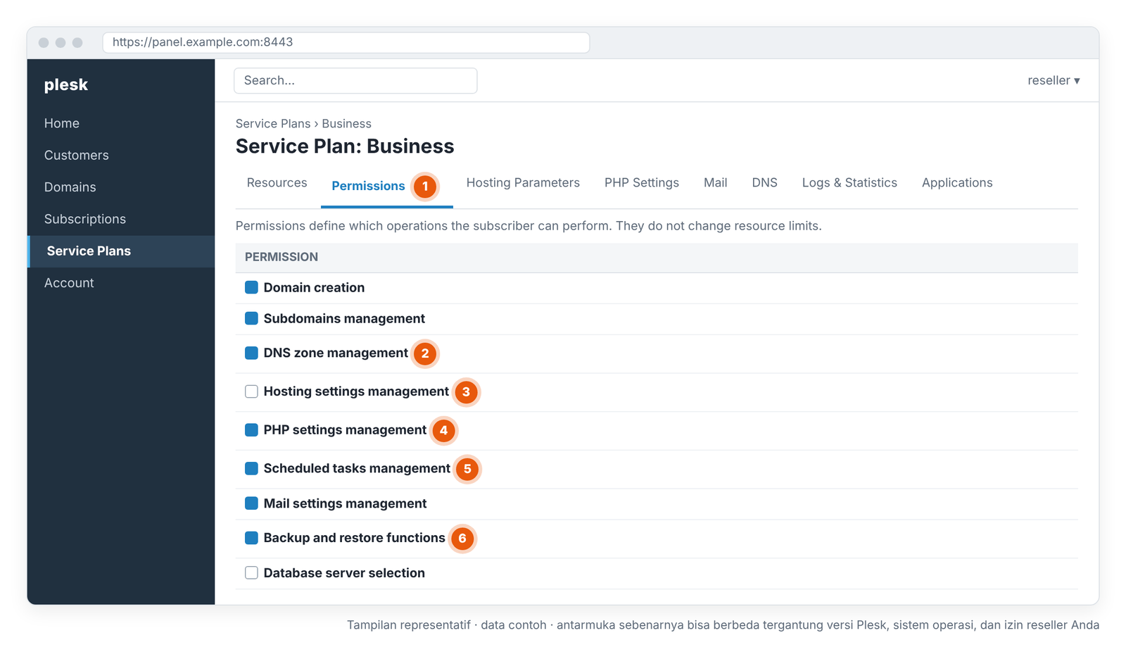 Layar 3 – Service Plan › Permissions: fitur yang boleh dipakai pelanggan (tampilan representatif).