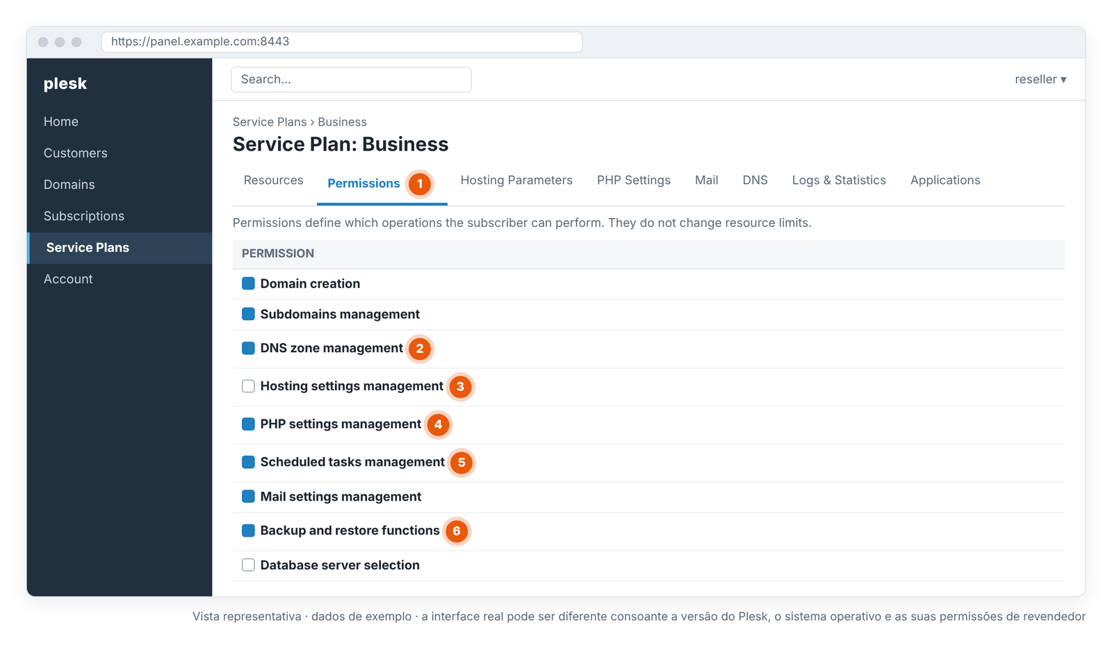Ecrã 3 – Service Plan › Permissions: as funcionalidades que o cliente pode usar (vista representativa).