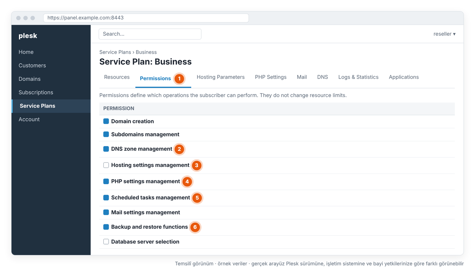 Ekran 3 – Service Plan › Permissions: müşterinin kullanabileceği özellikler (temsilî görünüm).