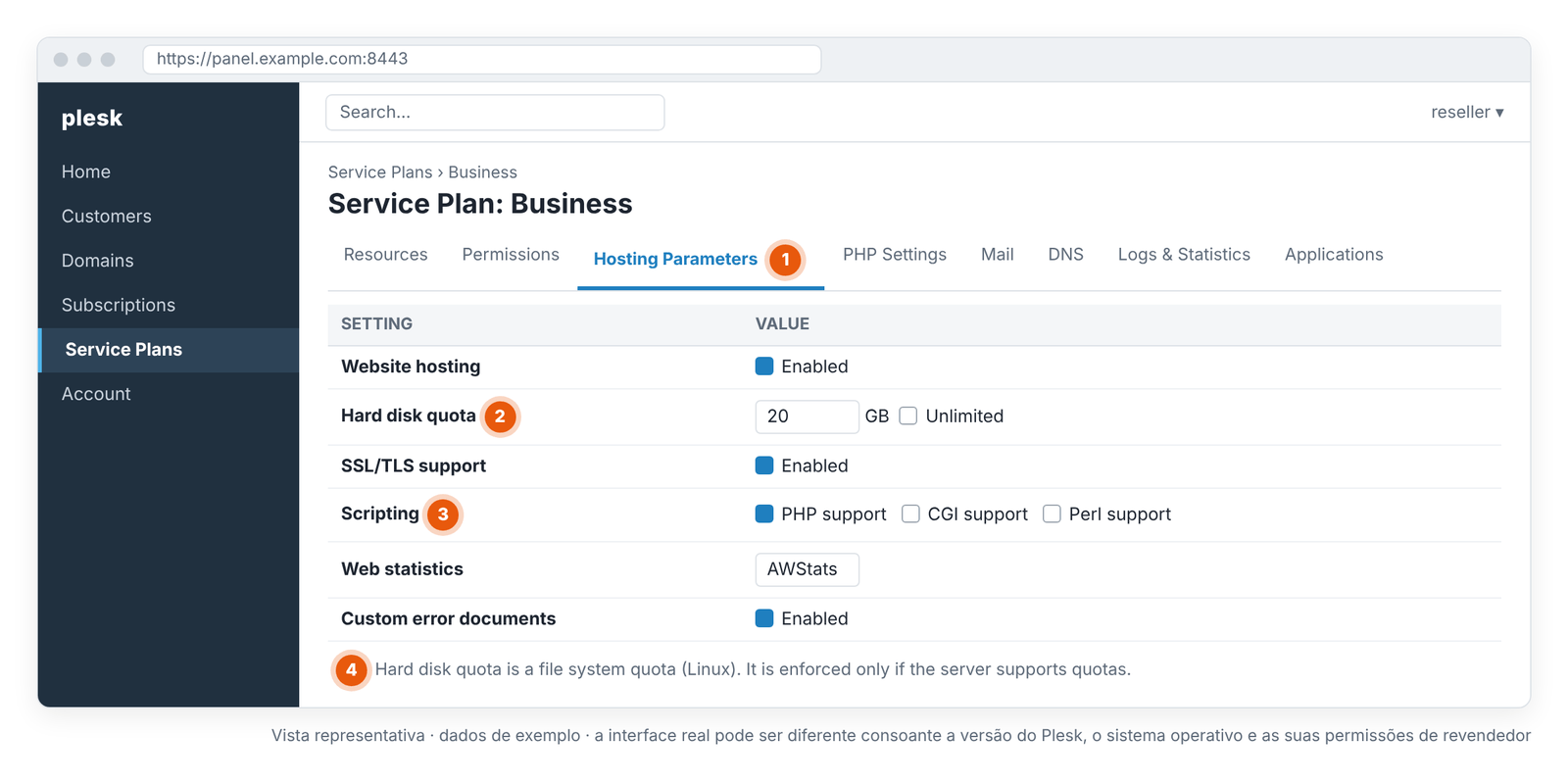 Ecrã 4 – Service Plan › Hosting Parameters: hard disk quota e funcionalidades de alojamento (vista representativa).