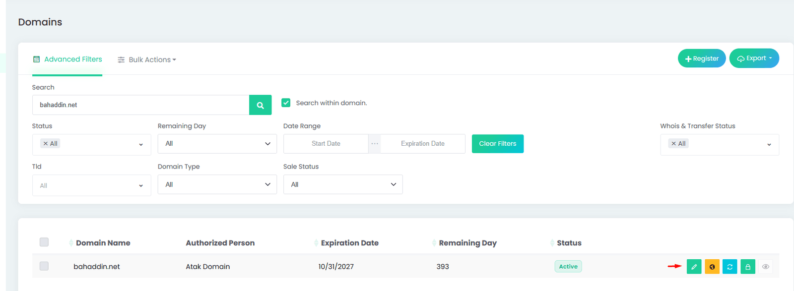 Figura 2 – Domains: busca tu dominio y haz clic en el icono del lápiz (editar).