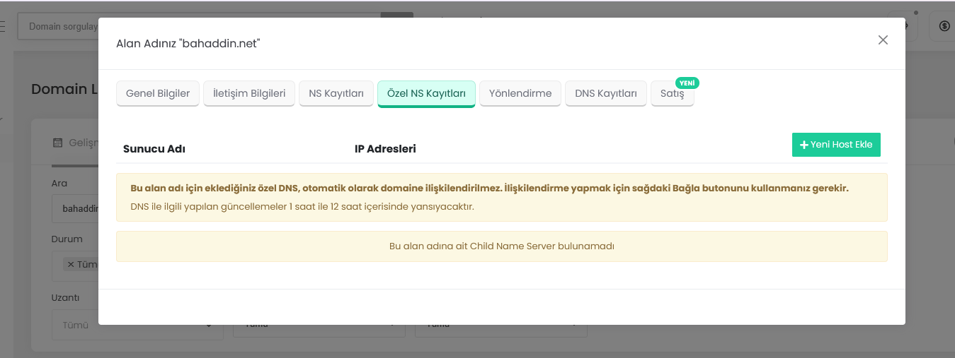 Görsel 3 – Özel NS Kayıtları sekmesi ve Yeni Host Ekle düğmesi.