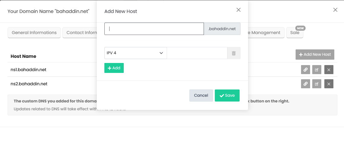 Figura 4 – Add New Host: introduce solo el prefijo (ns1) y la dirección IPv4, y haz clic en Save.