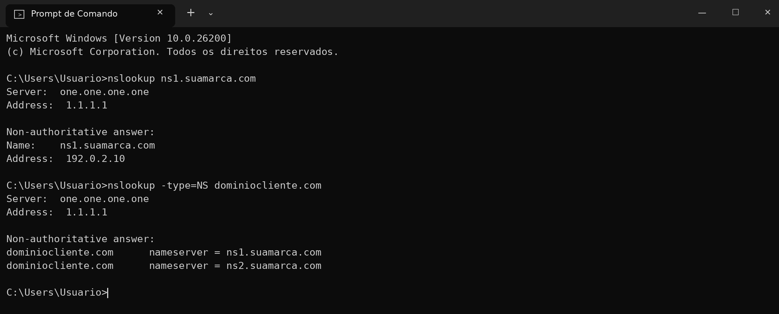 Figura 6 – Exemplo de resultado: ns1 aponta para o IP certo e o domínio mostra ns1/ns2. Domínios e IPs são exemplos.