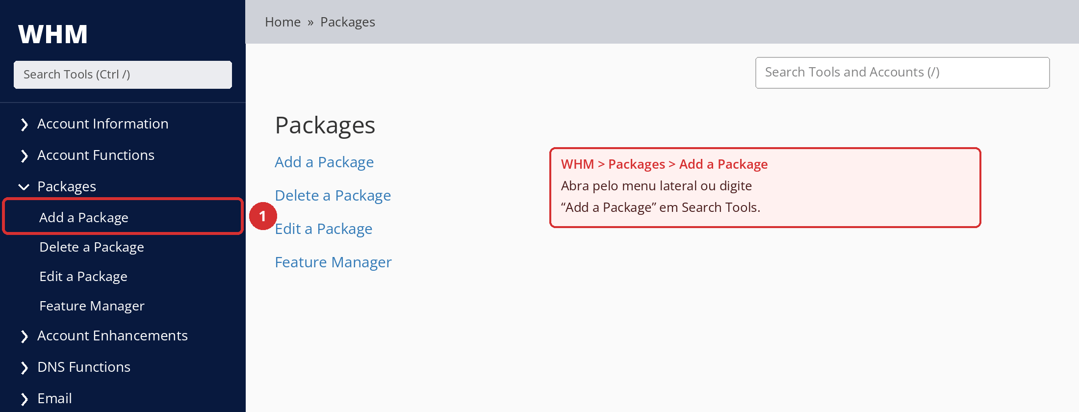 Figura 2 – WHM > Packages > Add a Package. Tela ilustrativa; a interface pode variar conforme a versão do WHM e as permissões da sua conta.