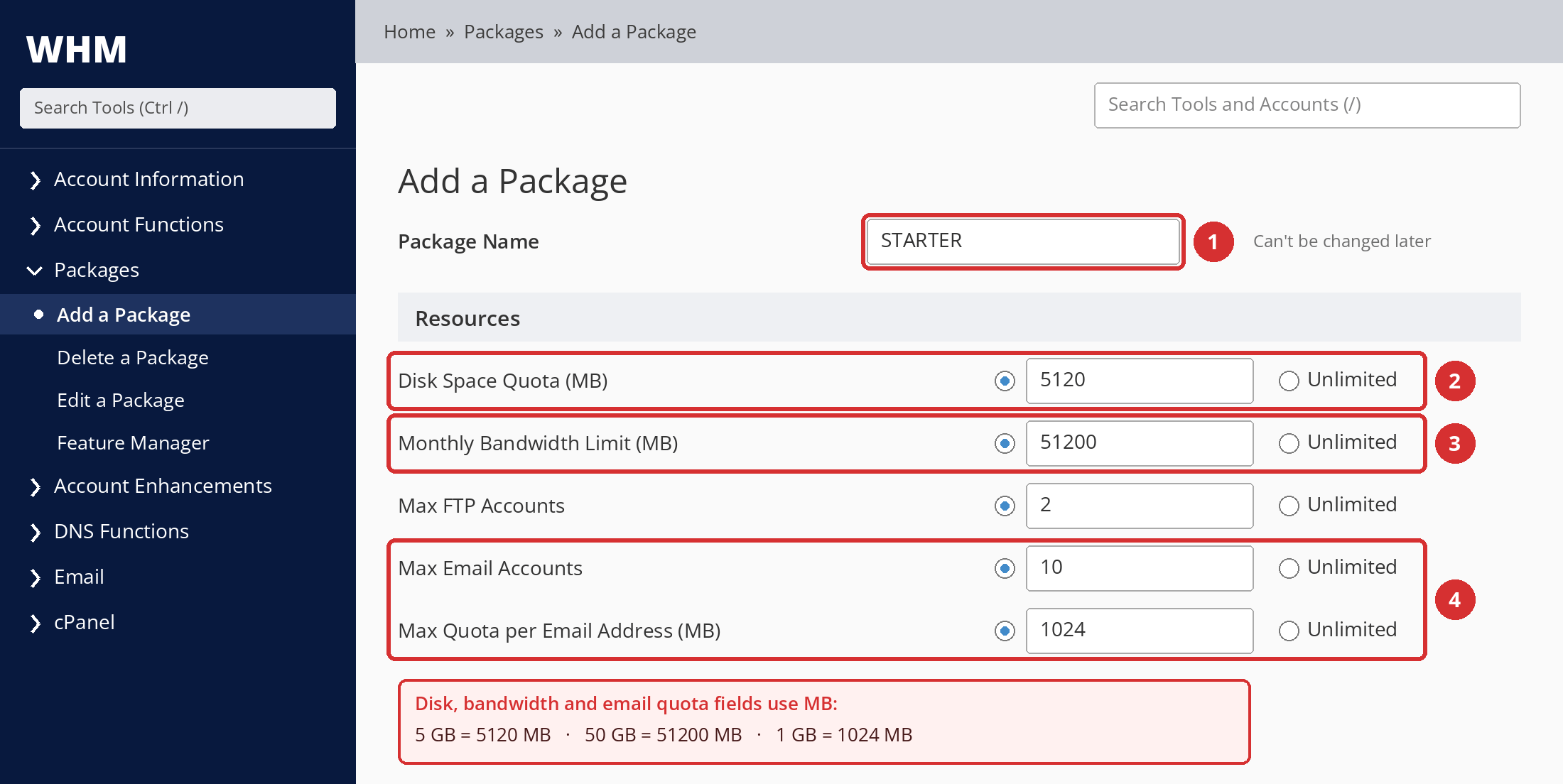 Figure 3 – Package name (1), disk space (2), monthly bandwidth (3), and email limits (4). Values are examples; illustrative screen.