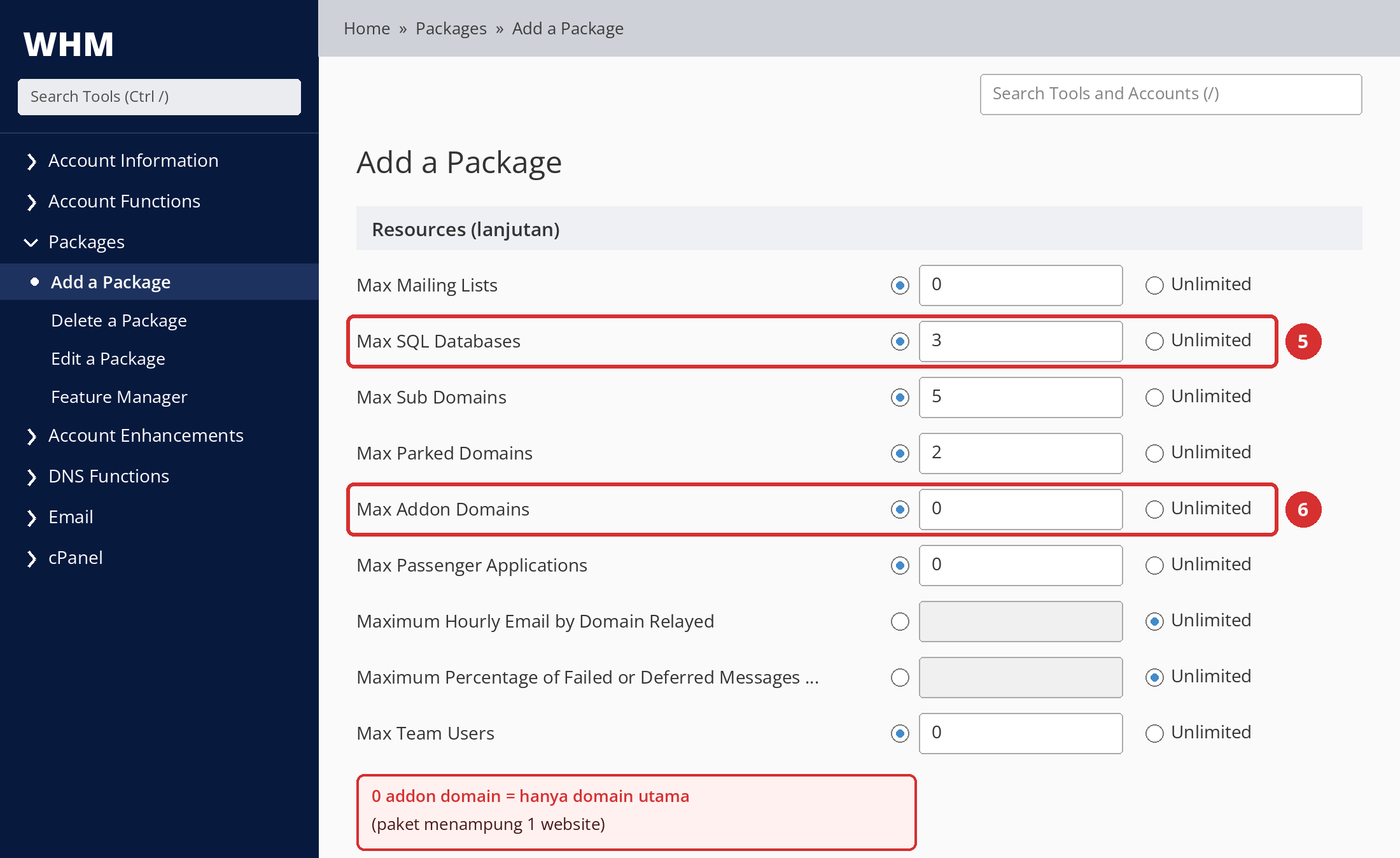 Gambar 4 – Batas database (5) dan addon domain (6), serta kolom sumber daya lainnya. Beberapa kolom mungkin tidak muncul, tergantung versi WHM atau pengaturan penyedia.
