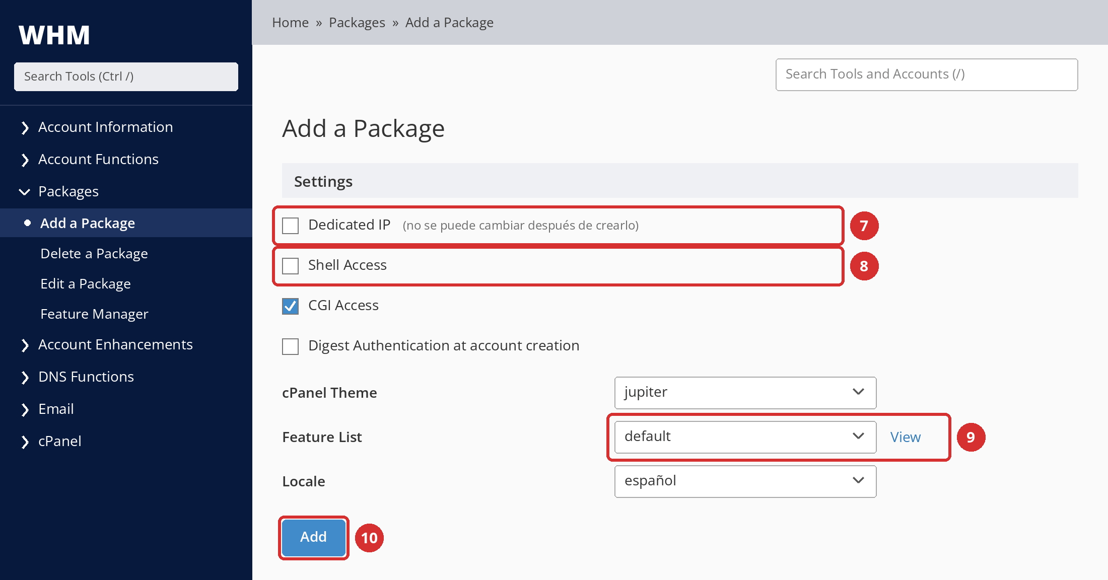 Figura 5 – Settings: Dedicated IP (7), Shell Access (8), Feature List (9) y el botón Add (10). Pantalla ilustrativa.