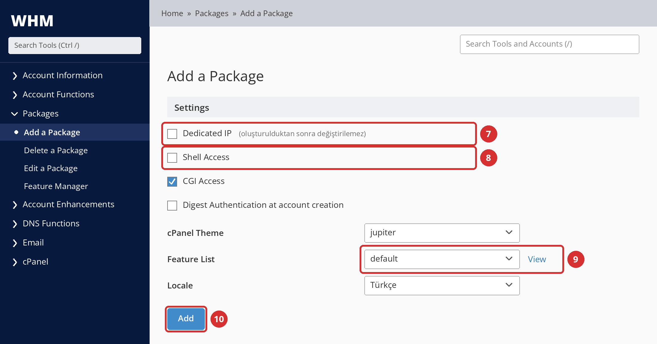 Görsel 5 – Settings bölümü: Dedicated IP (7), Shell Access (8), Feature List (9) ve Add düğmesi (10). Temsilî ekran.