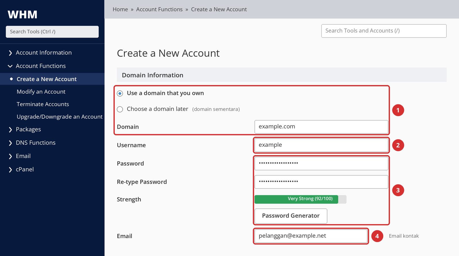 Gambar 3 – Domain (1), username (2), password (3), dan email kontak (4). Nilai hanya contoh; tampilan ilustrasi.