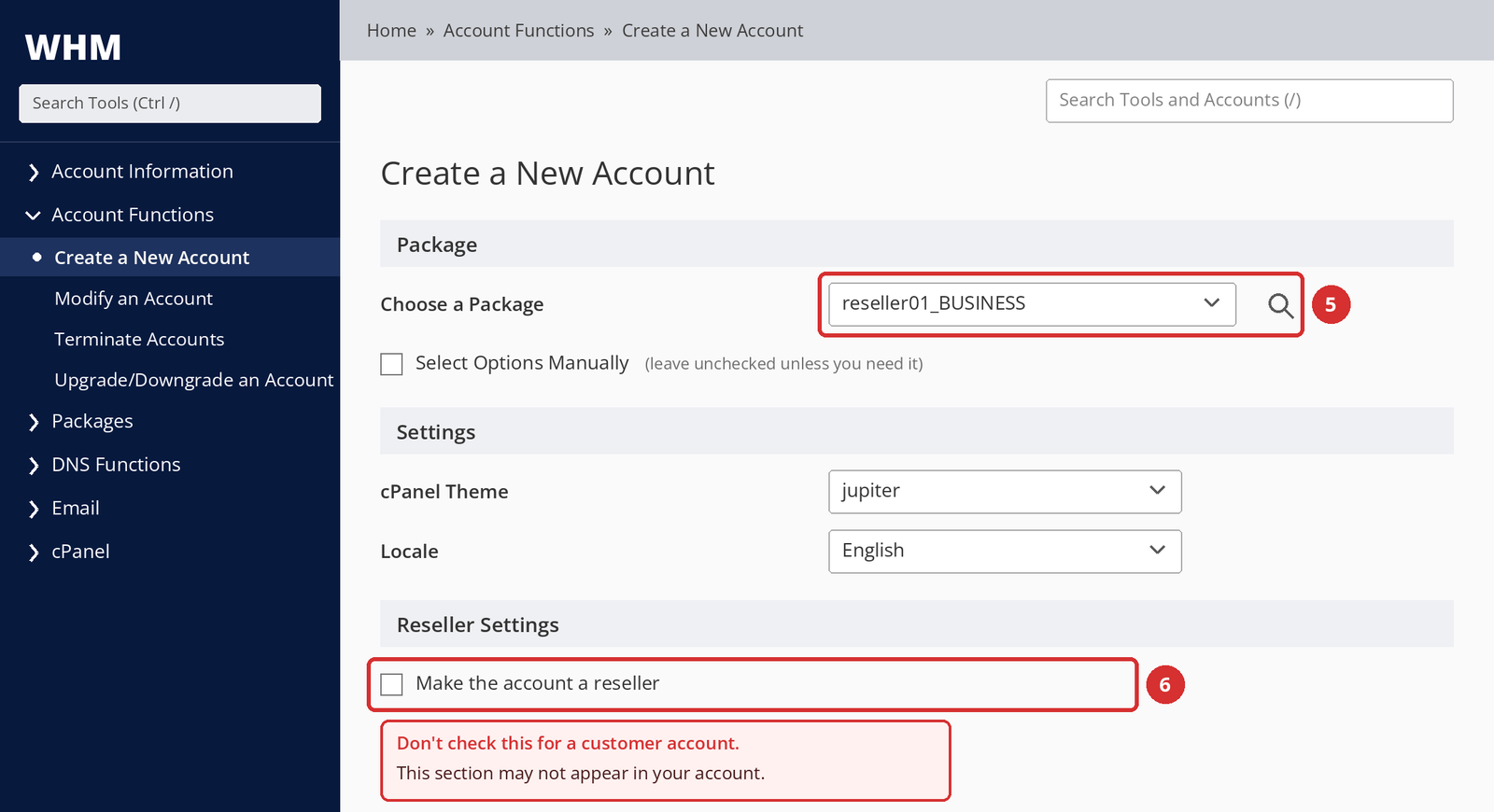 Figure 4 – Package selection and preview (5), reseller setting (6). Illustrative screen.