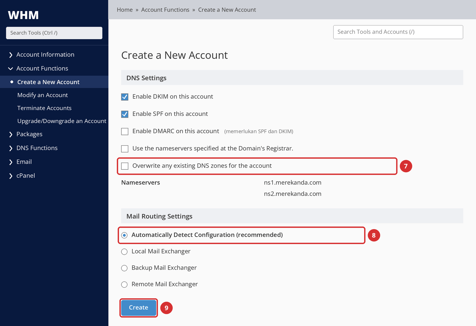 Gambar 5 – DNS Settings: opsi Overwrite (7); Mail Routing: opsi yang disarankan (8); tombol Create (9). Tampilan ilustrasi.