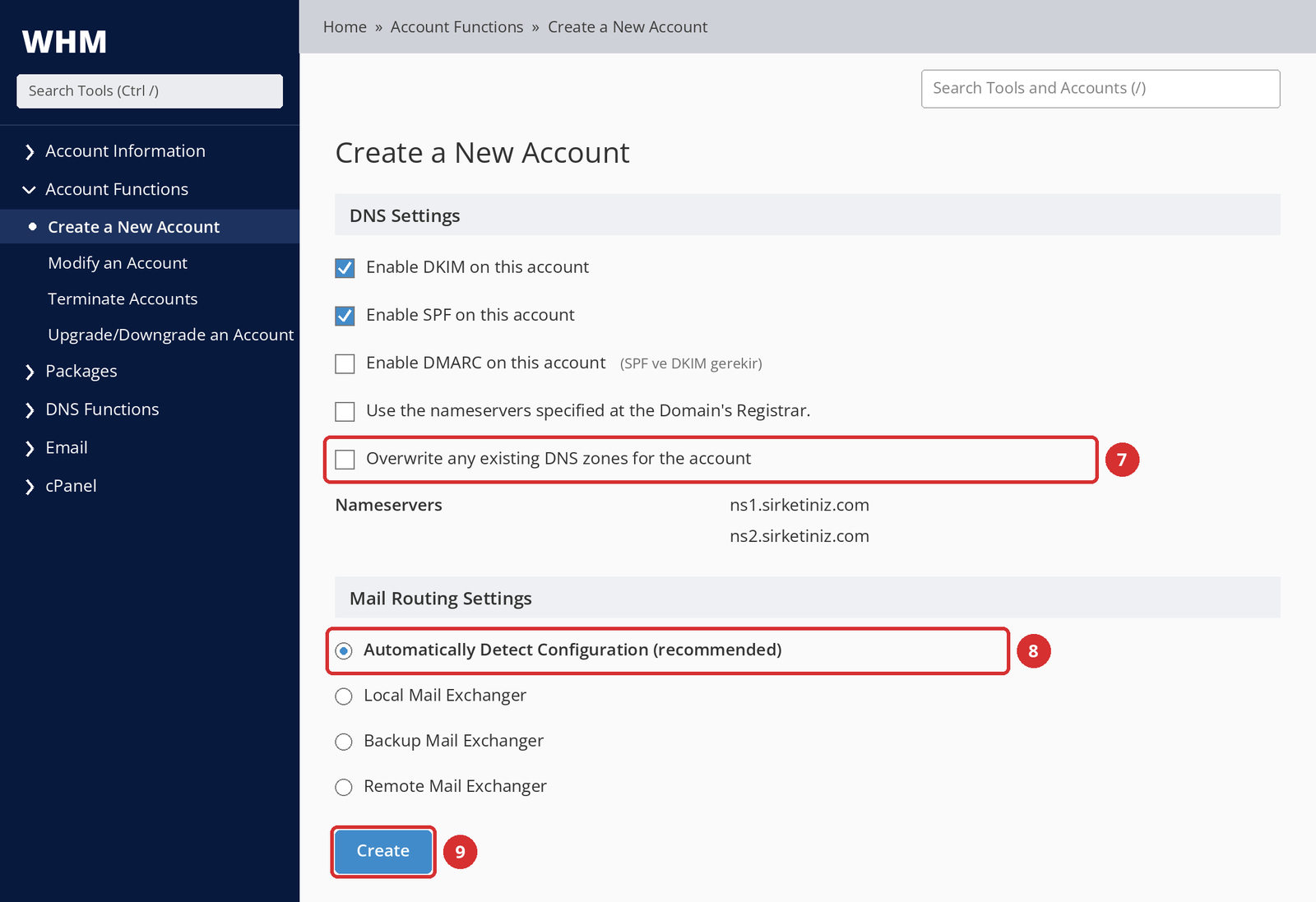 Görsel 5 – DNS Settings: Overwrite seçeneği (7); Mail Routing: önerilen seçenek (8); Create düğmesi (9). Temsilî ekran.