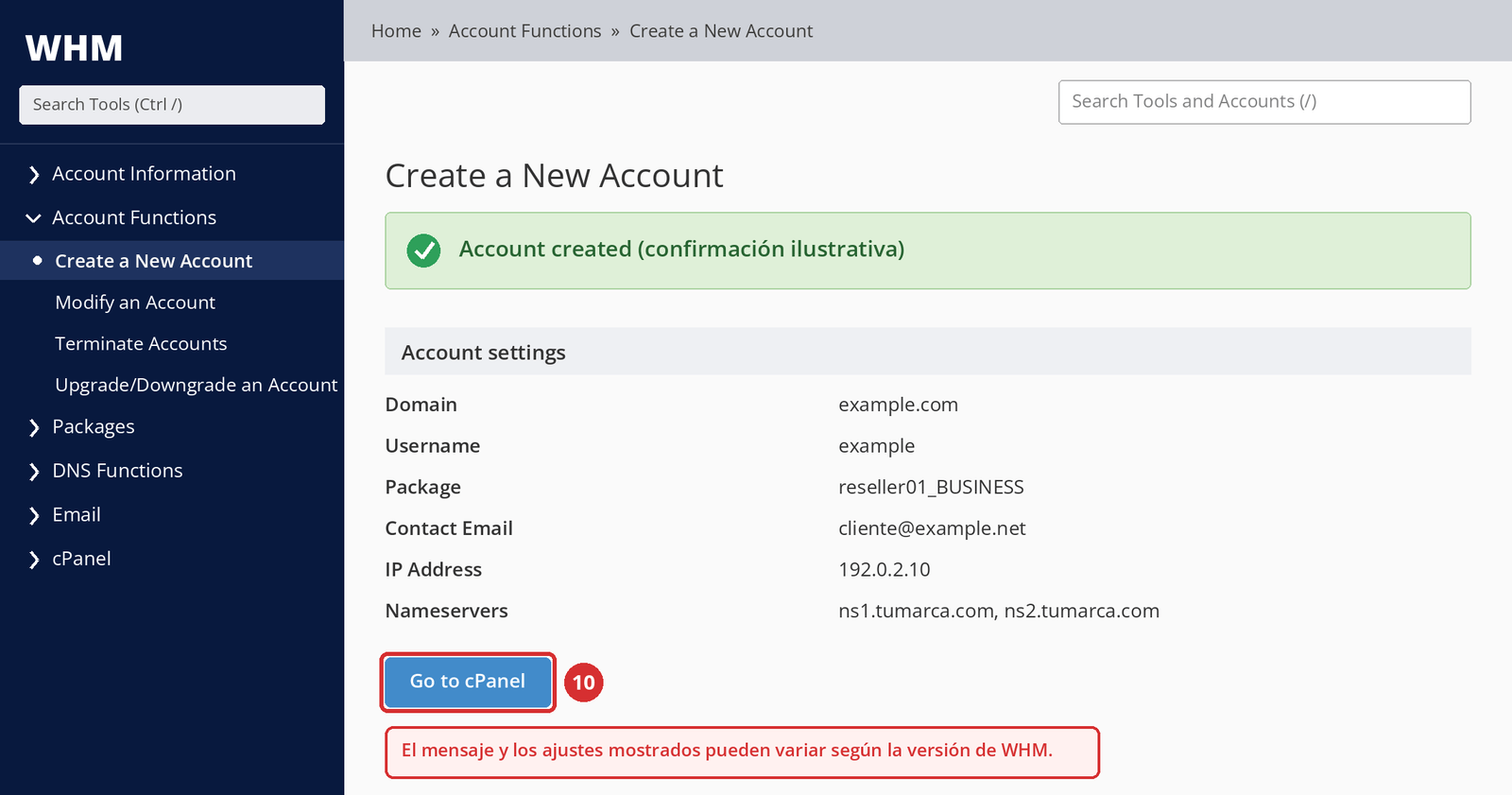 Figura 6 – Confirmación de creación de la cuenta y botón Go to cPanel (10). El texto del mensaje y los ajustes mostrados pueden variar según la versión; pantalla ilustrativa.